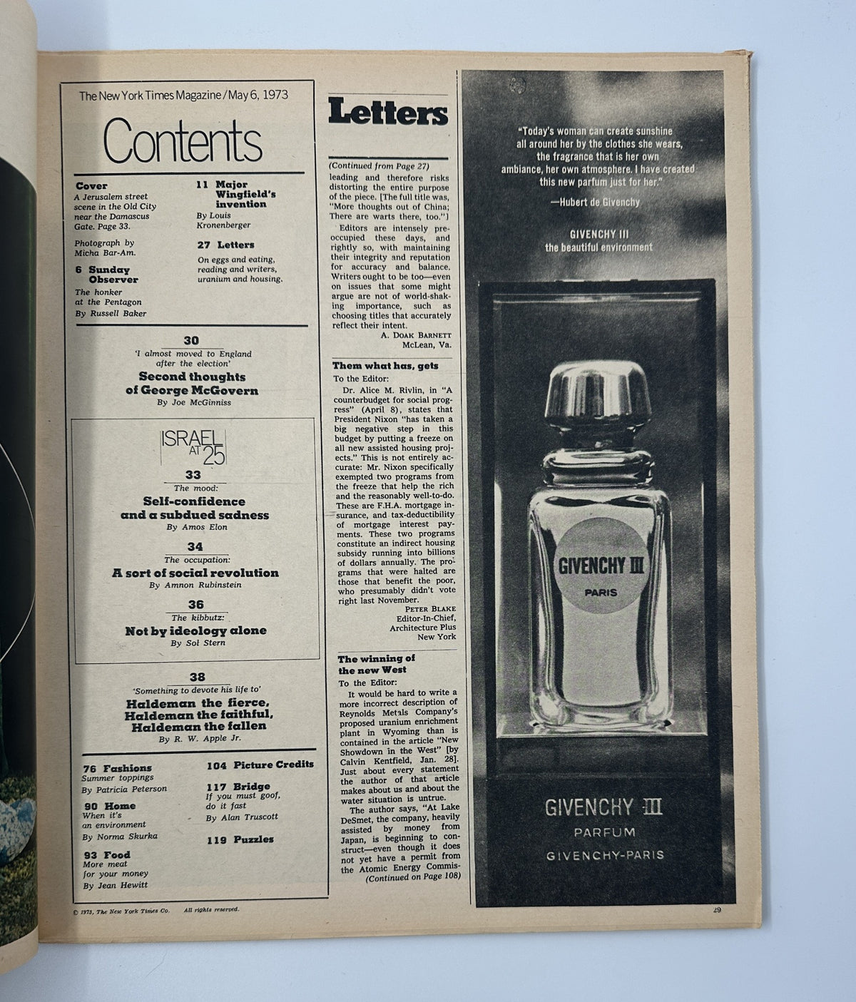 Table of contents page from The New York Times Magazine, May 6, 1973, showcasing various articles including 'Israel at 25' and corresponding page numbers.
