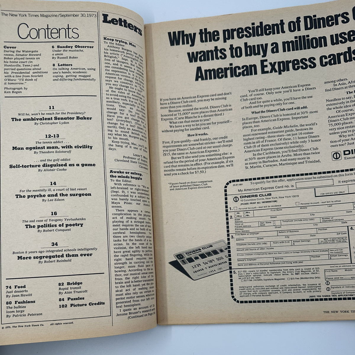 Contents page of The New York Times Magazine September 30, 1973, listing articles including 'The ambivalent Senator Baker' and commentary on current social and political issues.