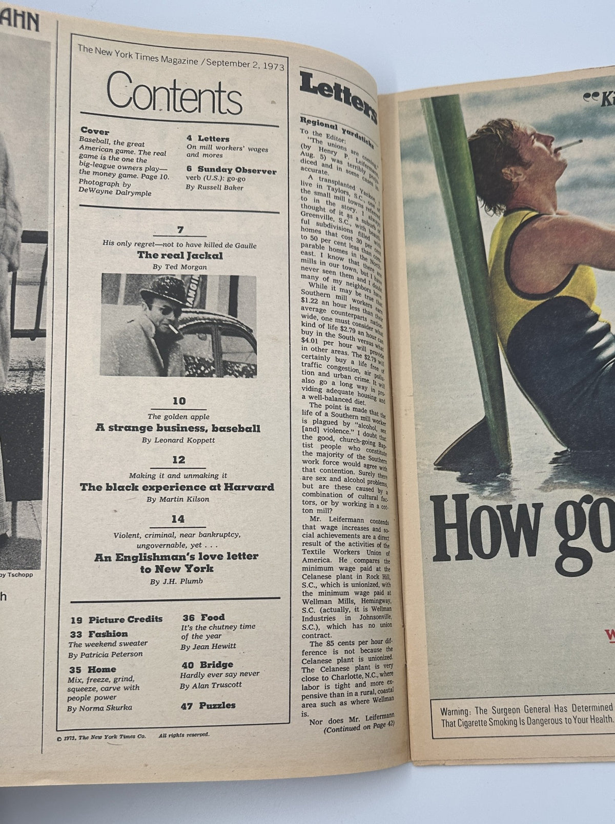 Inside page of The New York Times Magazine September 2, 1973 displaying the Table of Contents, including articles like 'The golden apple' and 'An Englishman’s love letter to New York'.