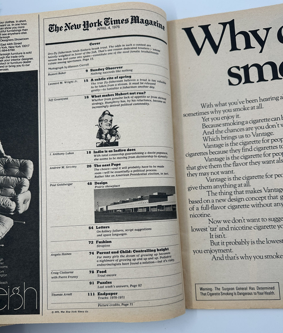 Table of Contents page from The New York Times Magazine April 4, 1976 detailing articles including 'Sunday Observer' and insights by various authors.