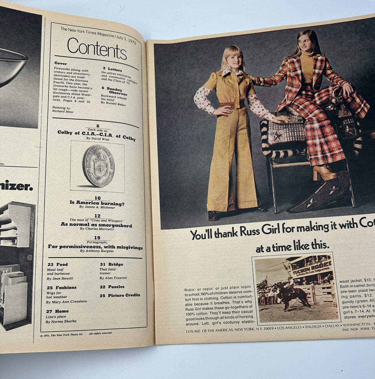 Interior page of The New York Times Magazine July 1, 1973 displaying the table of contents. Features fashion and cultural references including a photo of models in stylish 1970s outfits.