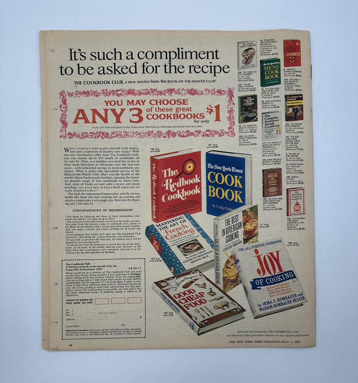 The New York Times Magazine July 1, 1973 featuring a Fireworks-themed cover by Richard Hess. An advertisement for the Cookbook Club highlighting offers on various cookbooks. This vintage magazine is in very good condition with light edge wear.