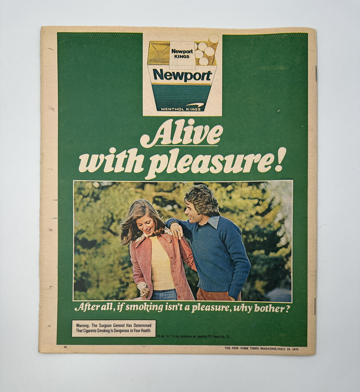 Advertisement for Newport Menthol Kings cigarettes in The New York Times Magazine from July 15, 1973 with the tagline 'Alive with pleasure!'