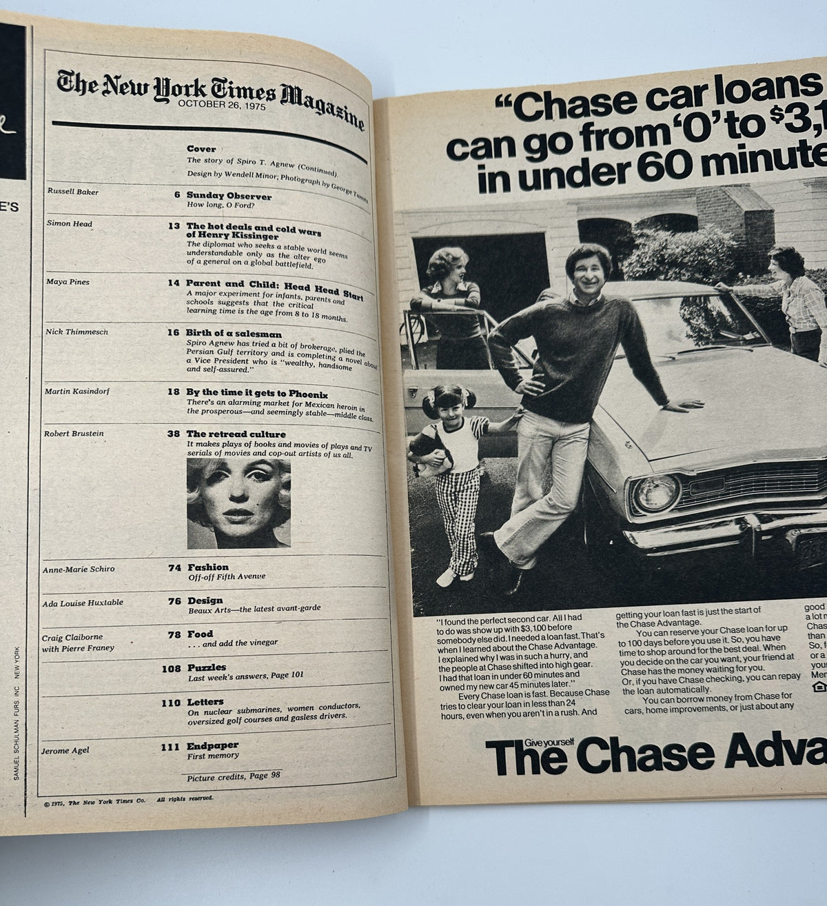 The New York Times Magazine October 26, 1975 Spiro T. Agnew Cover, featuring the content layout including various articles and illustrations, showcasing a vintage magazine's table of contents.