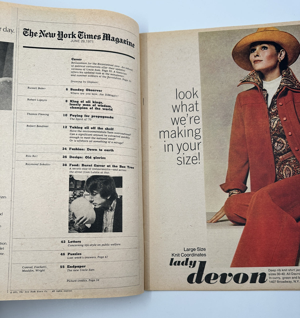 The New York Times Magazine June 29, 1975 inner page showing the Table of Contents with articles including 'Cover' and 'Fashion: Old glories'.
