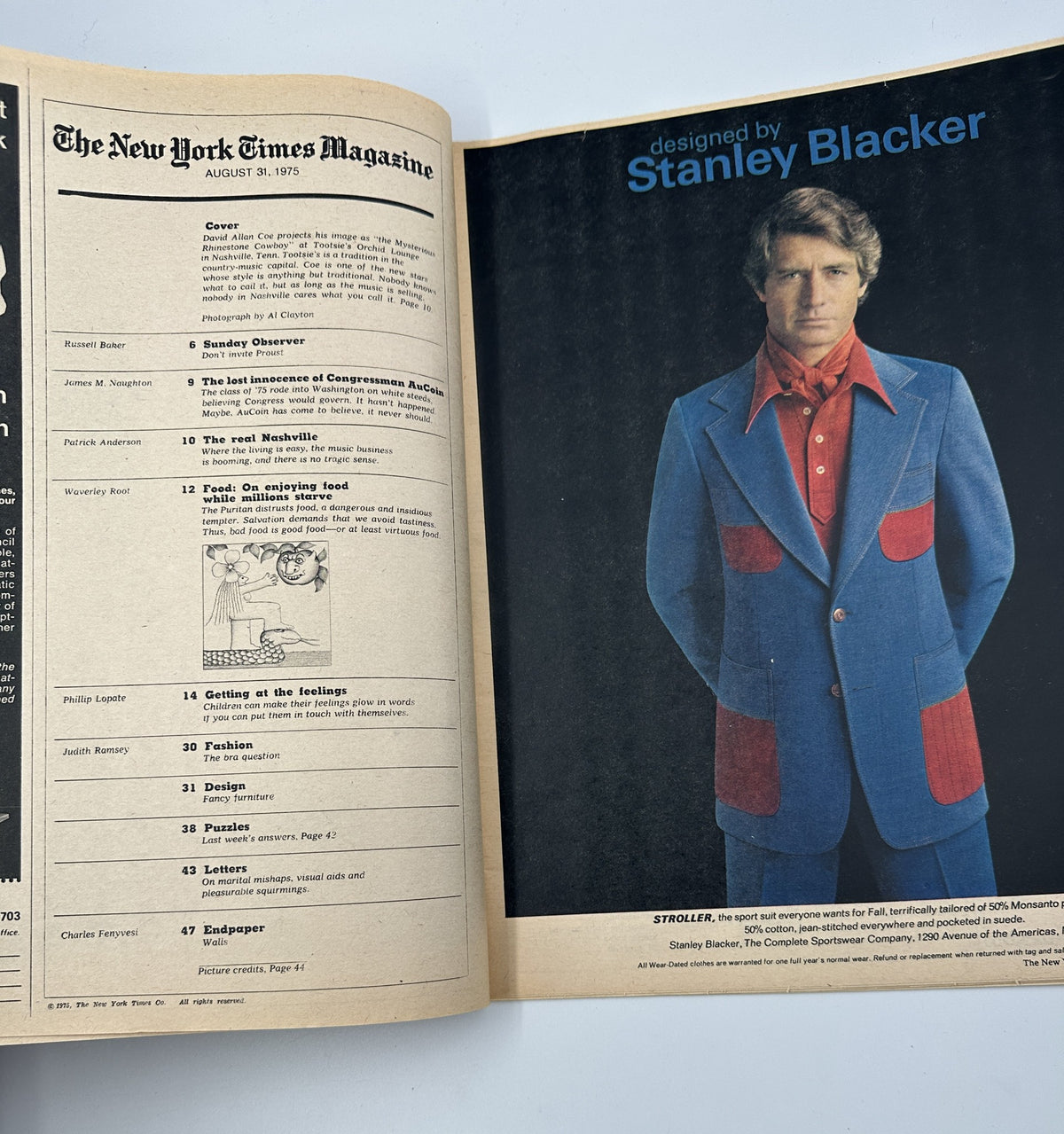 Inside page of The New York Times Magazine August 31, 1975 showing the Table of Contents and a feature designed by Stanley Blacker, including articles on various topics such as fashion and letters.