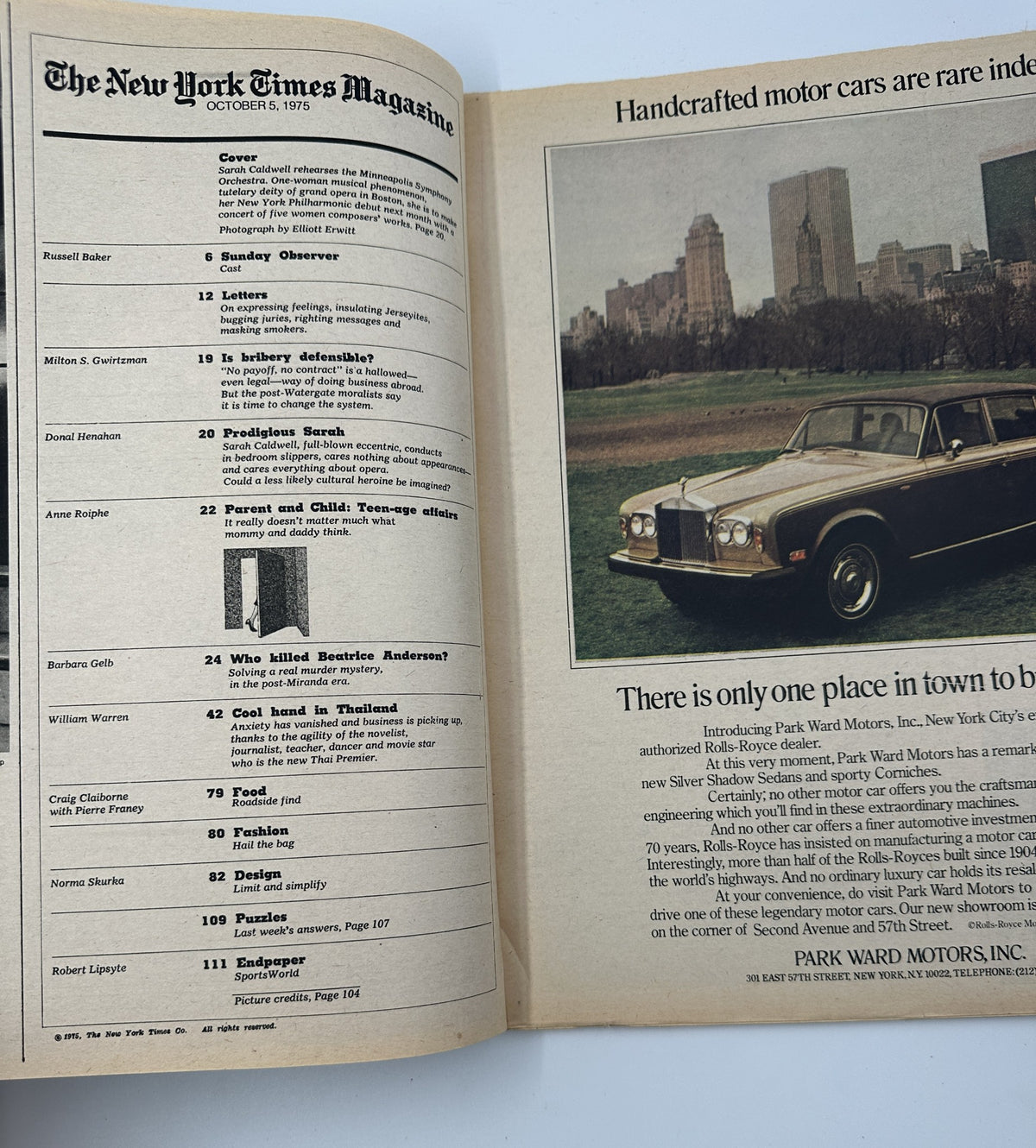 Table of Contents page from The New York Times Magazine October 5, 1975, listing various articles and features including Sarah Caldwell's profile.