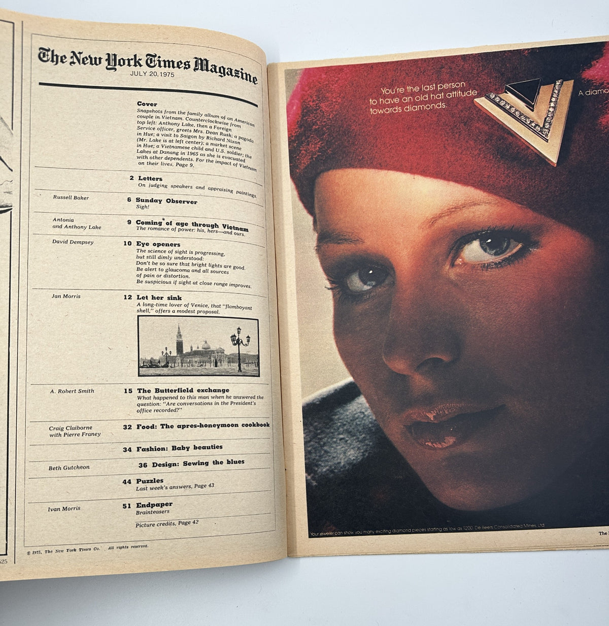 The New York Times Magazine July 20, 1975 featuring the cover article 'Coming of Age Through Vietnam', showcasing a dramatic image of a woman in a red beret with a focus on beauty and editorial content.