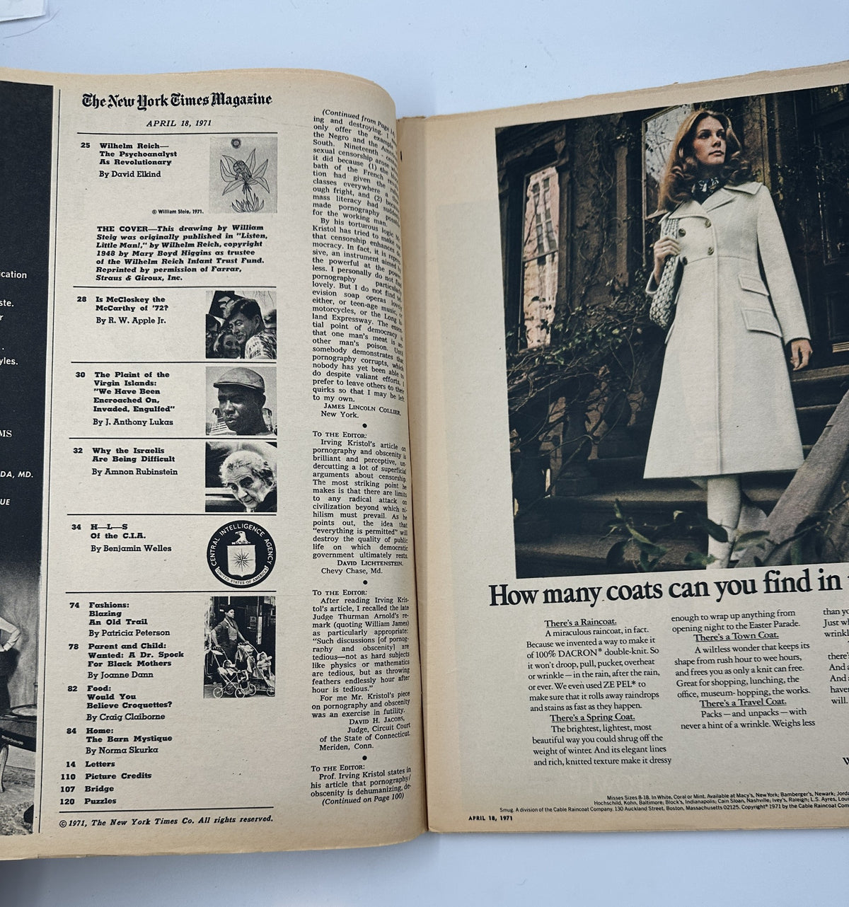 Inside page of The New York Times Magazine April 18, 1971, showing articles including 'Wilhelm Reich' by David E. Lilienthal and 'Is McCloskey the McCarthy of ’72?' by R. W. Apple Jr.