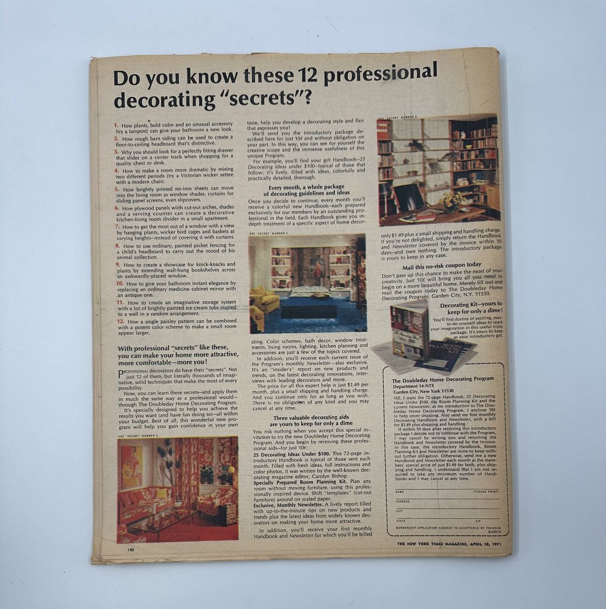 Back cover of The New York Times Magazine April 18, 1971, displaying an advertisement for professional decorating tips and secrets.