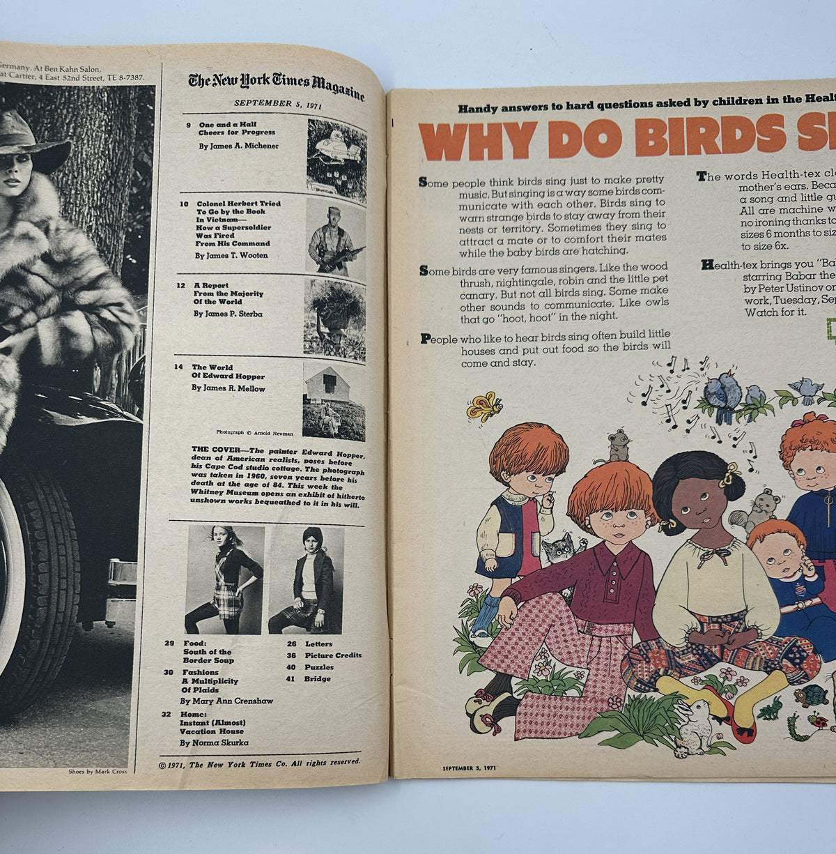 Interior pages of The New York Times Magazine from September 5, 1971, including an article on bird behavior. The layout features illustrations alongside the table of contents, presenting insights on children's questions about wildlife.