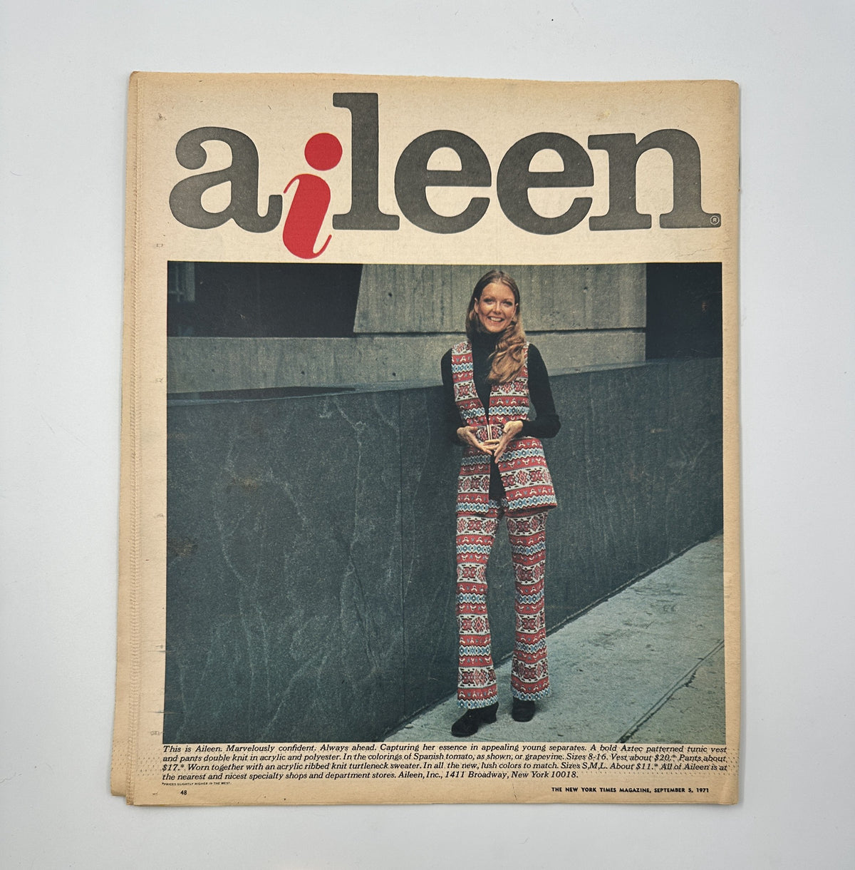 Cover of The New York Times Magazine from September 5, 1971, showcasing a cover story titled 'aileen', featuring a model in stylish attire that emphasizes contemporary fashion trends of the era.