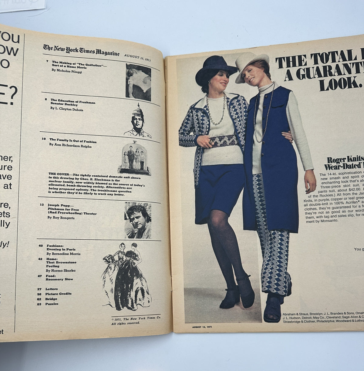 Inside spread of The New York Times Magazine August 15, 1971 showcasing the Table of Contents, highlighting articles including 'The Making of The Godfather' and 'The Family Is Out of Fashion'.