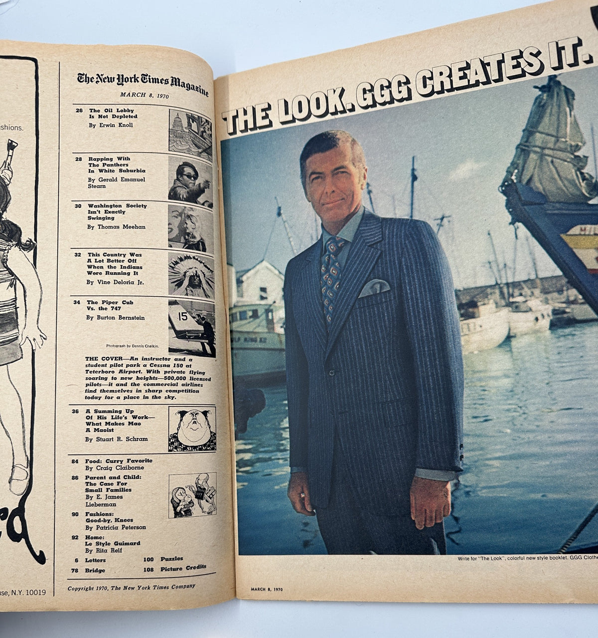 Inside page from The New York Times Magazine March 8, 1970, showcasing the Table of Contents with various article titles including 'The Look. GGG Creates It.' by Erwin Knoll.