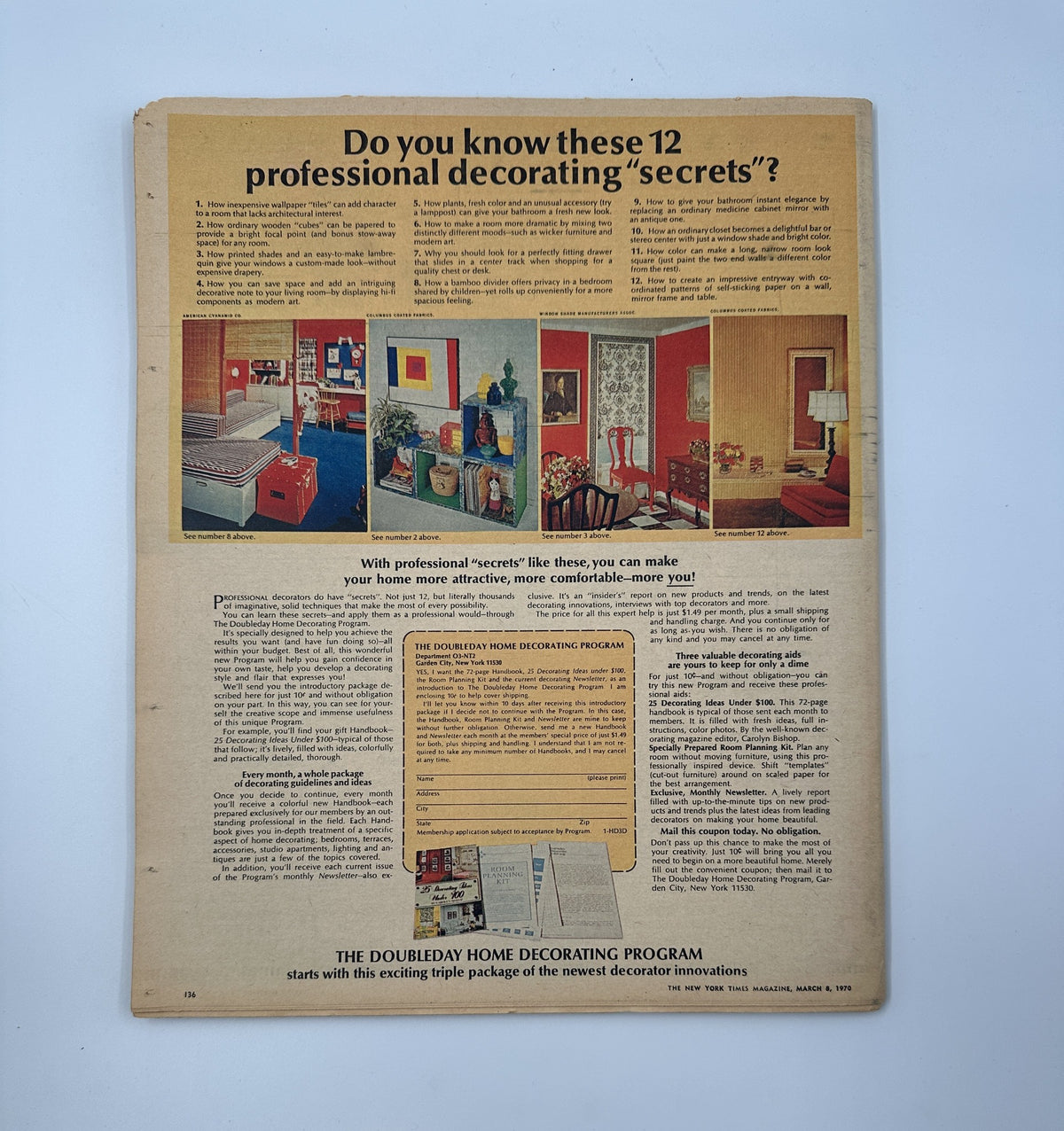 Back page of The New York Times Magazine March 8, 1970, featuring an advertisement for the DoubleDay Home Decorating Program and highlighting 12 professional decorating 'secrets'.