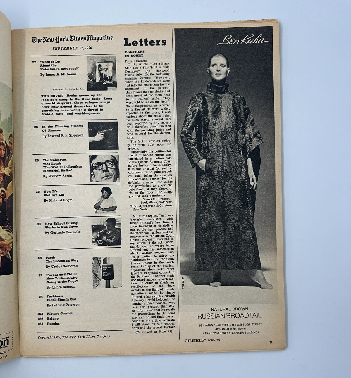 Inside page from The New York Times Magazine dated September 27, 1970, showcasing the Table of Contents and a fashion advertisement, highlighting the various articles and features in this historical issue.