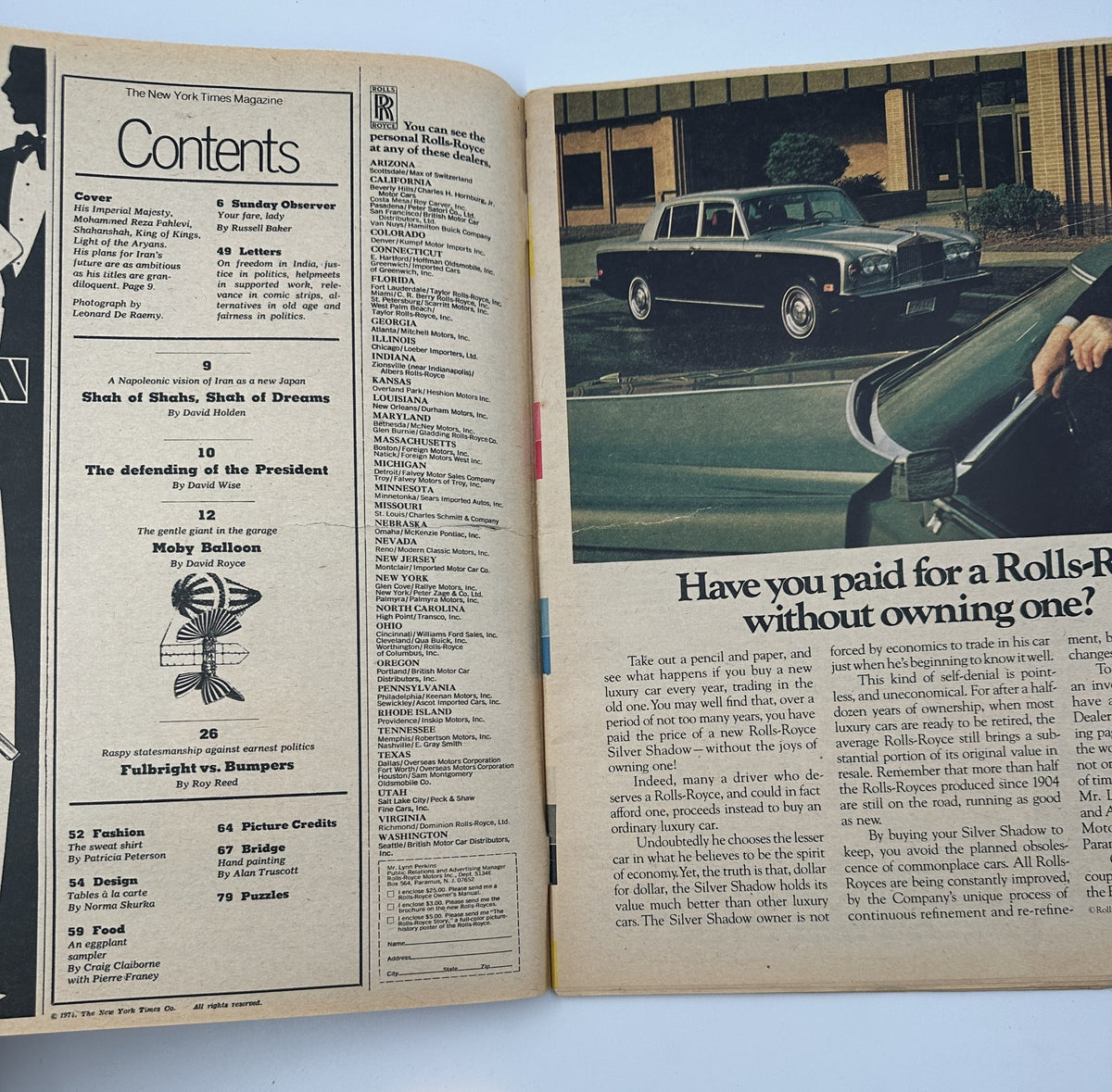 Inside page of The New York Times Magazine 1974 showing the Table of Contents including features from Shah of Shahs, Shah of Dreams and other articles.