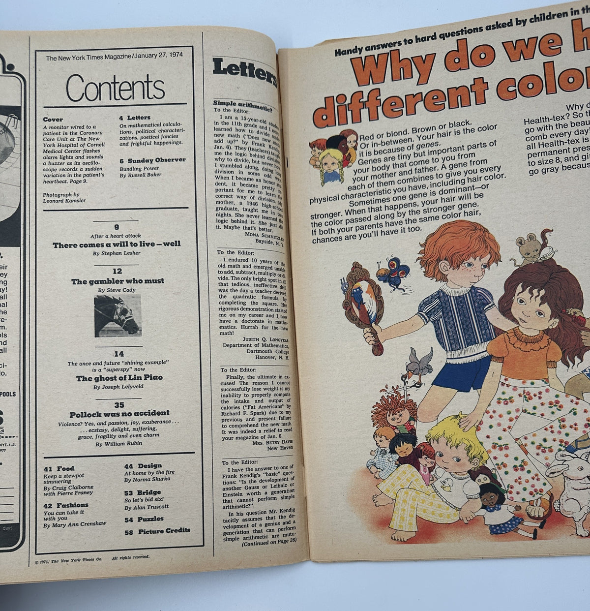Interior spread of The New York Times Magazine January 27, 1974, showcasing the table of contents alongside an illustration for a children's question about hair color.