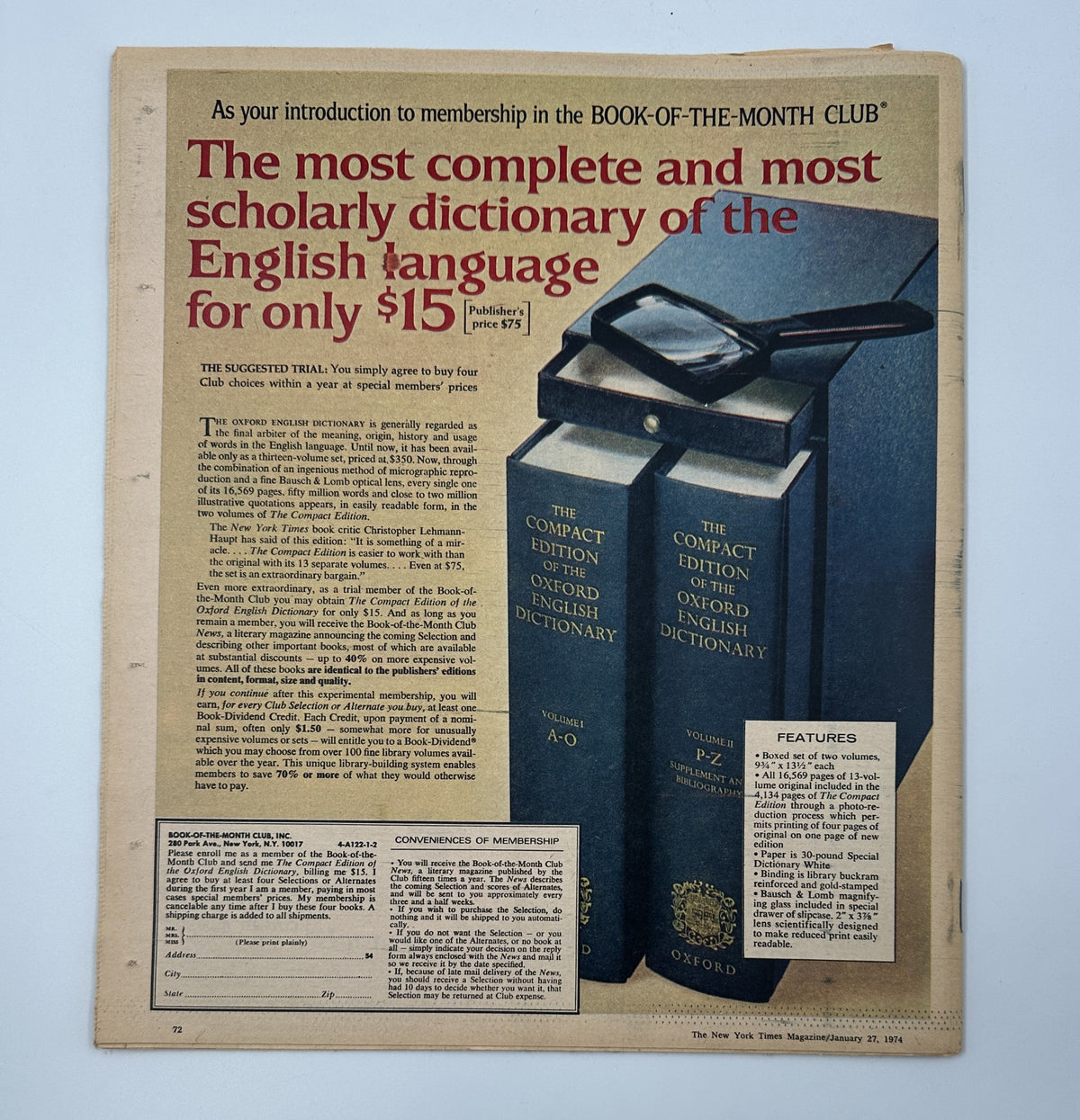 Advertisement from The New York Times Magazine January 27, 1974, promoting the Compact Edition of the Oxford English Dictionary with a visual of two dictionary volumes and a magnifying glass.