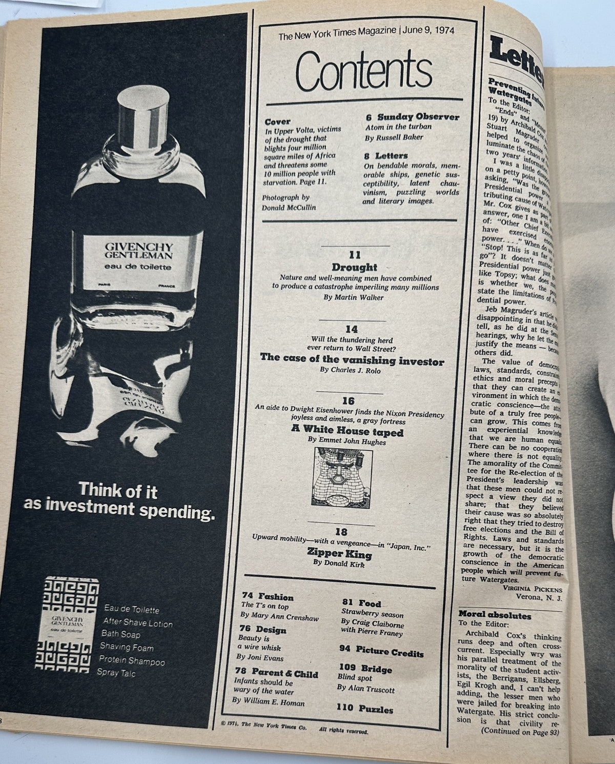 Contents page of The New York Times Magazine June 9, 1974, showcasing the articles including a feature on drought, letters, and various other topics covered in this issue.