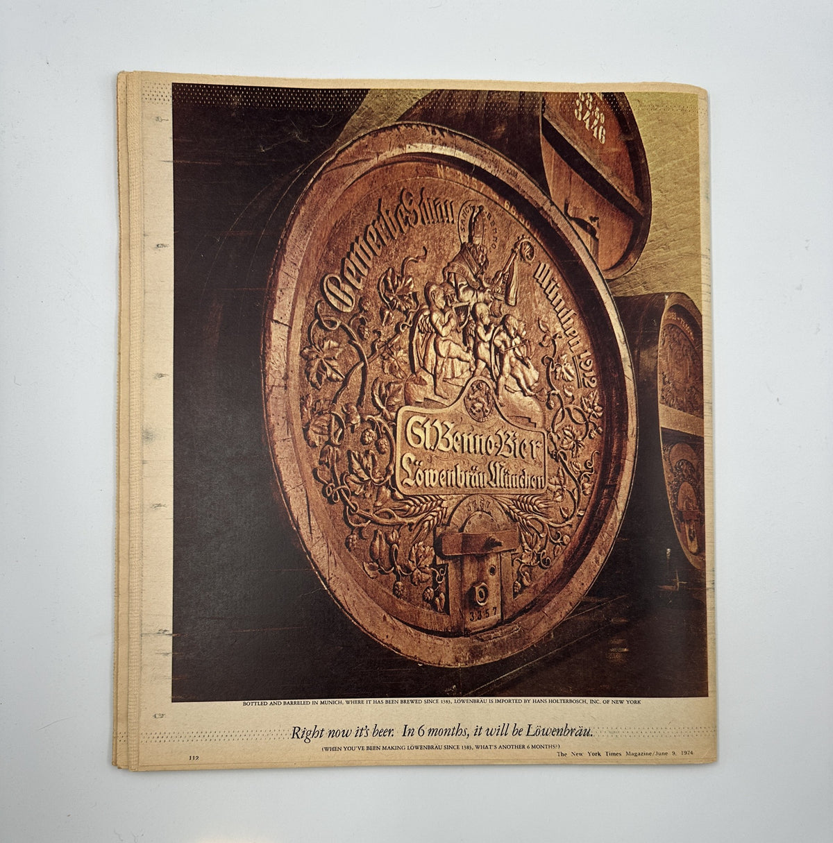 Back cover of The New York Times Magazine June 9, 1974, featuring an advertisement for El Bano Bier with a vintage design, illustrating the advertising style of the era.