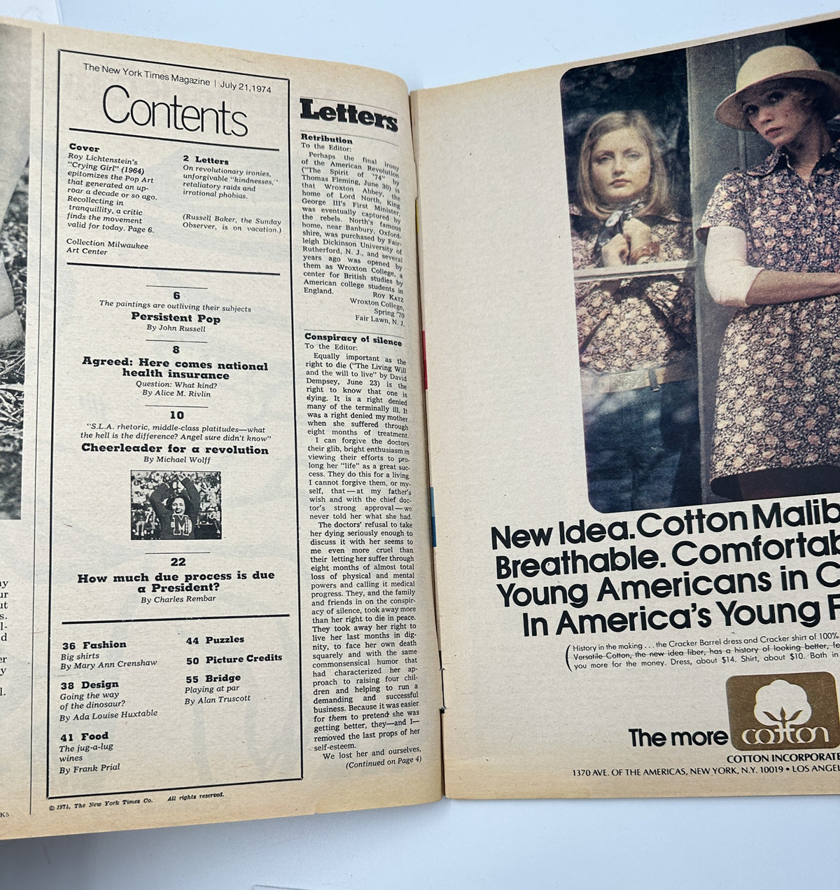 Interior page of The New York Times Magazine, July 21, 1974, showcasing the Table of Contents with listed articles including 'Letters' and other features, providing insight into that edition's content.