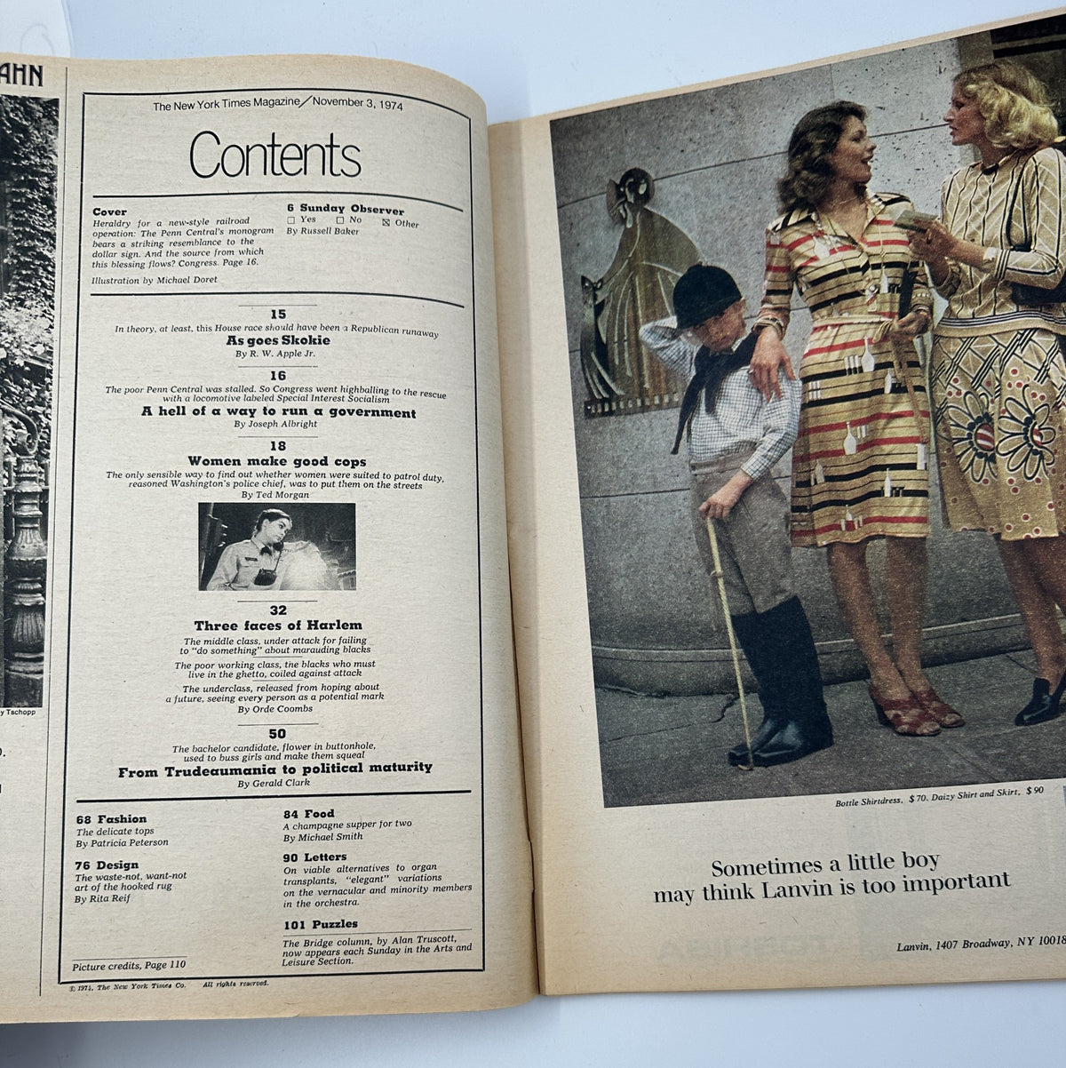 The New York Times Magazine November 3, 1974, interior page displaying the Table of Contents with listed articles including 'Sunday Observer' and 'Women Make Good Cops', emphasizing the magazine's diverse topics.