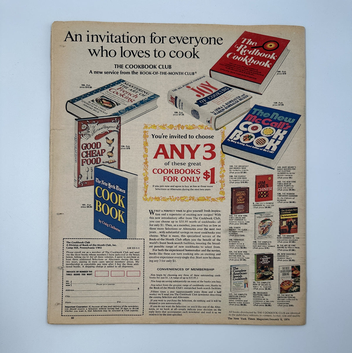 Back cover of The New York Times Magazine January 6, 1974, promoting The Cookbook Club and highlighting various cookbooks available for selection.