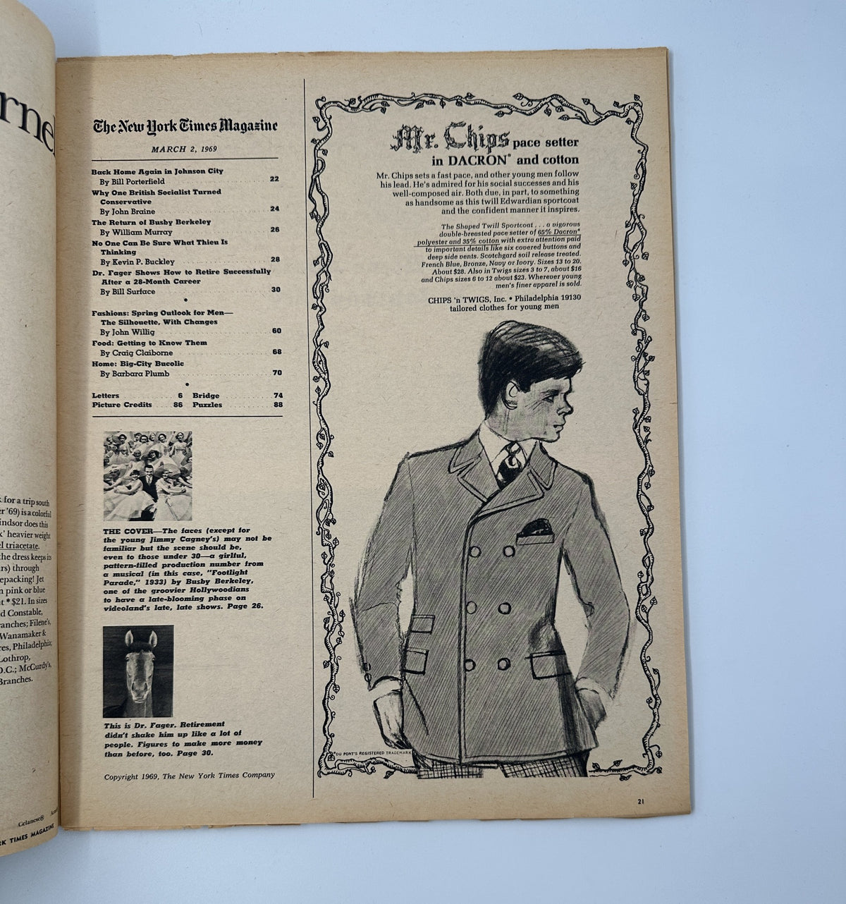 Inside page of The New York Times Magazine March 2, 1969 displaying the Table of Contents, highlighting articles including fashion trends and features on Busby Berkeley, along with an illustration of a fashionable male model.
