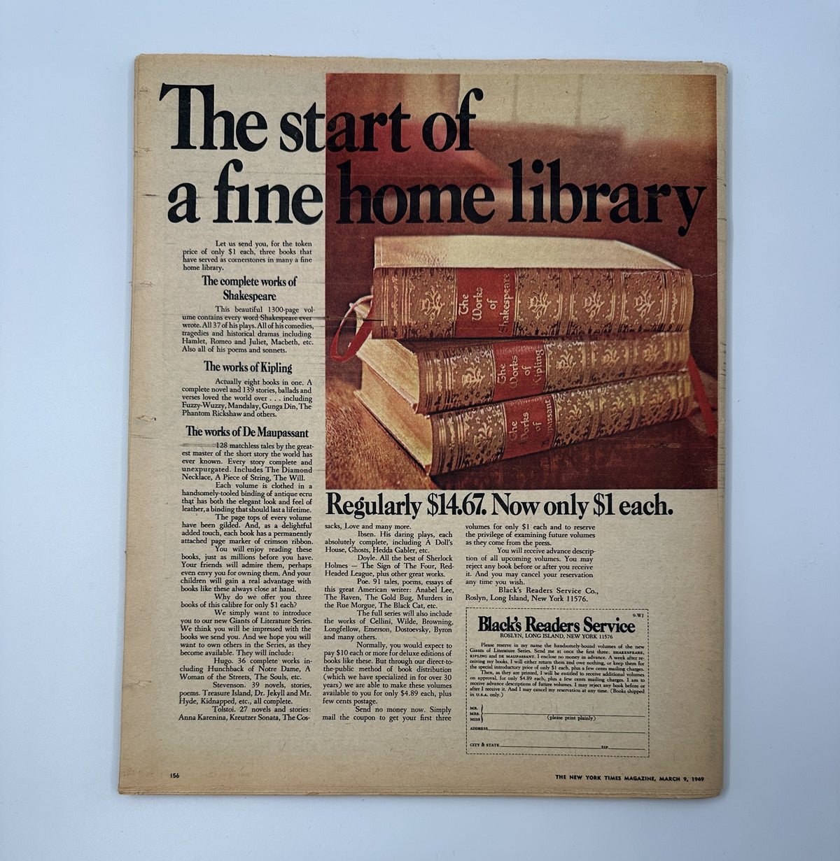The New York Times Magazine March 9, 1969 features an advertisement for home library books, highlighting classic works such as Shakespeare and Kipling, with a promotion price of $1 each.