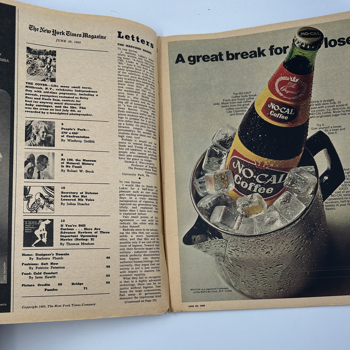 The New York Times Magazine June 29, 1969 interior page showcasing a product advertisement for No-Cal Coffee iced beverage, presented in a frosty pitcher filled with ice, highlighting summer refreshment options.