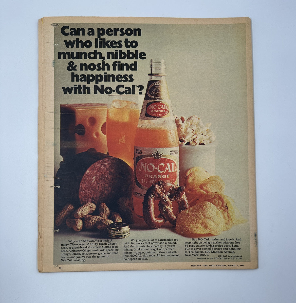 Back cover of The New York Times Magazine August 3, 1969 displaying a No-Cal beverage advertisement with various snacks, emphasizing the theme of munching and enjoyment.