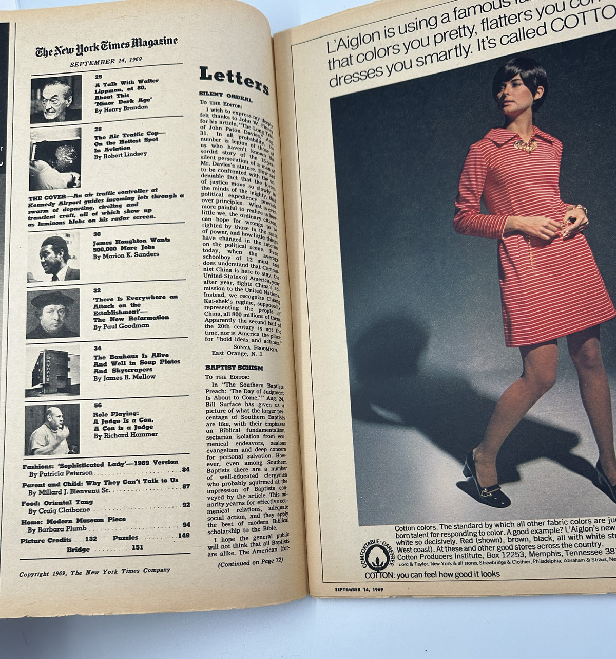 Interior pages of The New York Times Magazine September 14, 1969, displaying the Table of Contents alongside a fashion advertisement featuring a model wearing a stylish outfit.