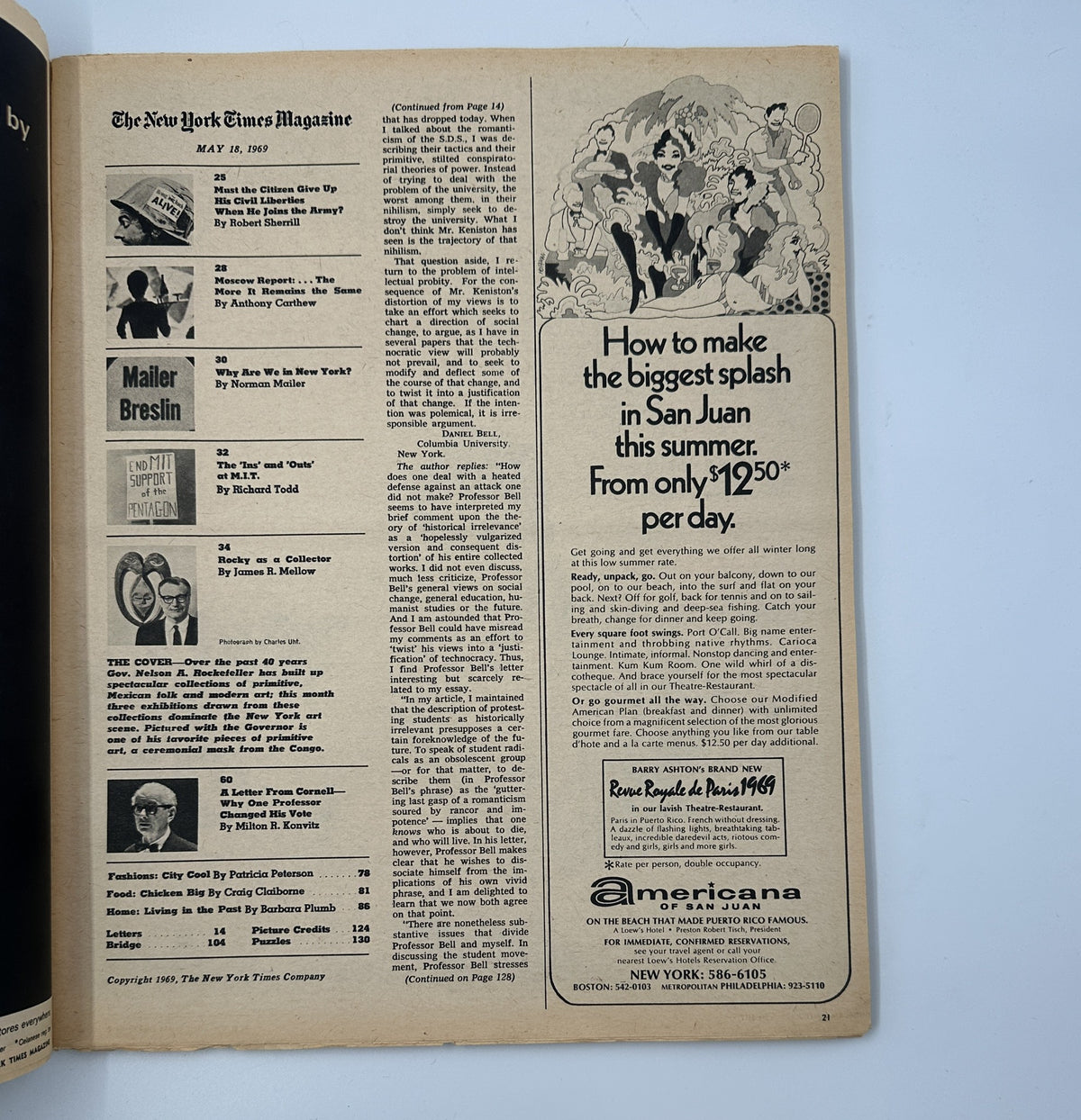 Interior page of The New York Times Magazine from May 18, 1969 displaying a collection of articles including 'Must the Citizen Give Up His Civil Liberties When He Joins the Army?' by Robert Sherrill.