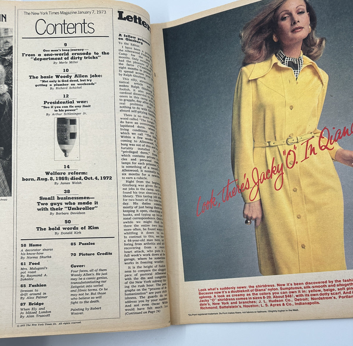Inside page of The New York Times Magazine January 7, 1973 featuring the Table of Contents and an article preview with a vintage fashion model wearing a yellow coat, illustrating the magazine's retro style. Cover story features Woody Allen.