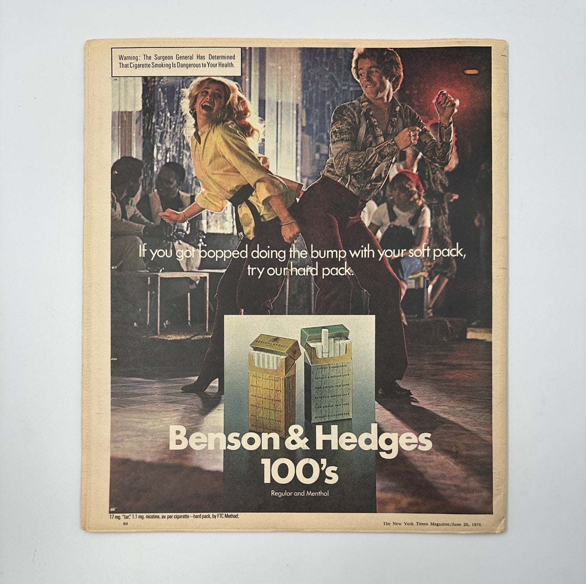 Cover of The New York Times Magazine June 20, 1976 showcasing an advertisement for Benson & Hedges 100's cigarettes, emphasizing soft pack options with an eye-catching design.