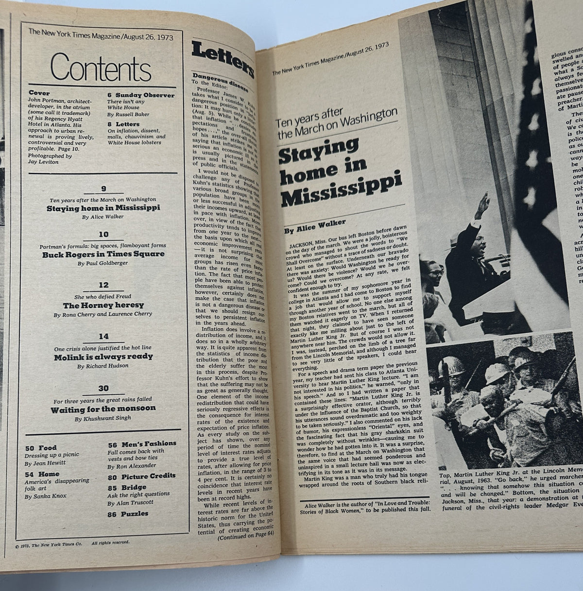 Inside The New York Times Magazine August 26, 1973, displaying the Table of Contents. Key features include pieces by Alice Walker and Paul Goldberger, with topics covering social issues and architectural insights.