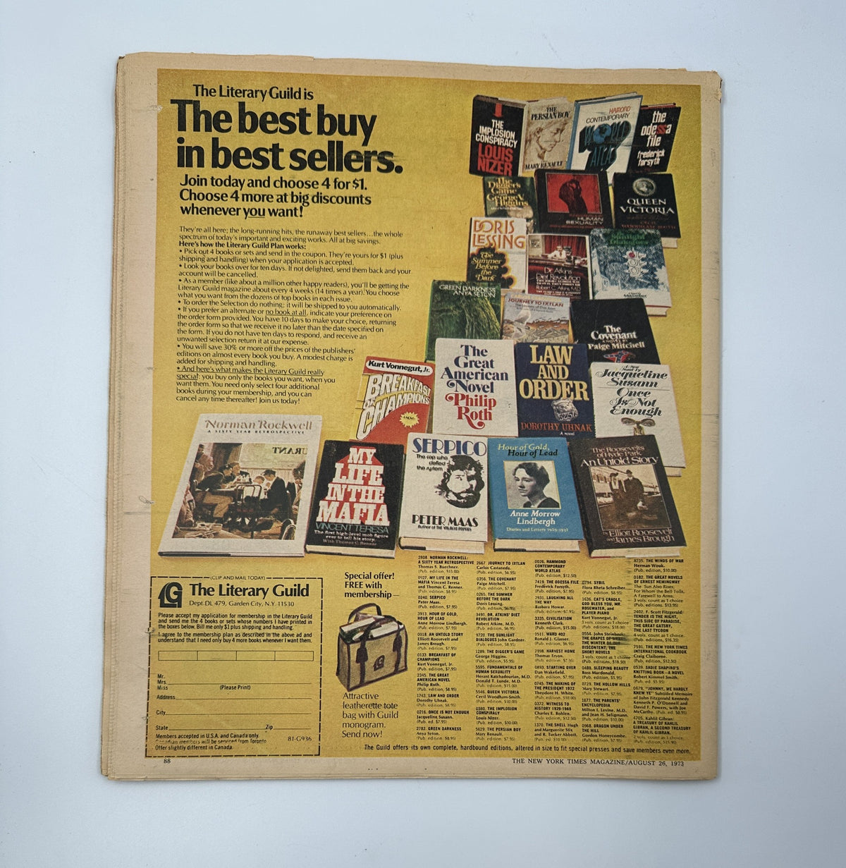 The back cover of The New York Times Magazine August 26, 1973, promoting The Literary Guild's best sellers, including a collection of notable books and a membership offer for savings.