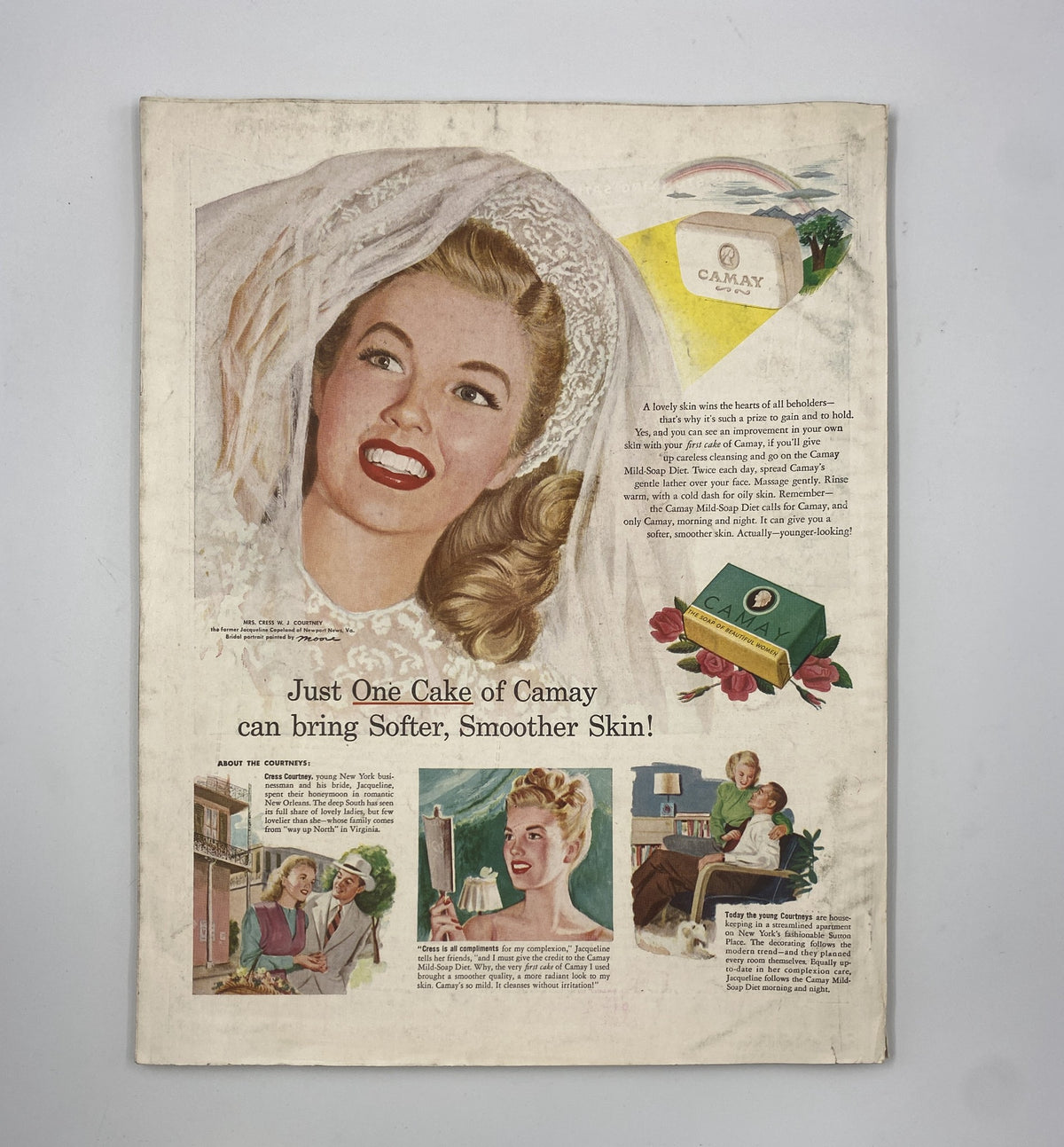 Back cover of Woman’s Home Companion Magazine March 1947 showing an advertisement for Camay soap, featuring a smiling woman in a bridal veil, with lifestyle imagery promoting beauty.
