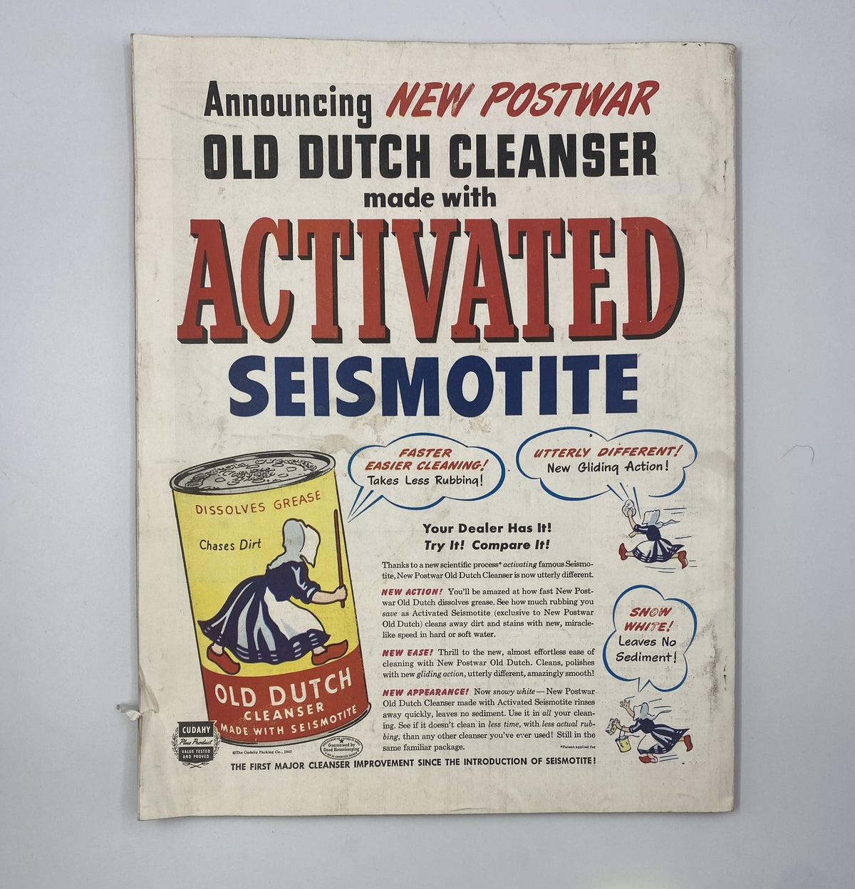 Advertisement for Old Dutch Cleanser from Woman’s Home Companion Magazine, September 1947, promoting the product as a postwar household cleaner with activated seismotite.