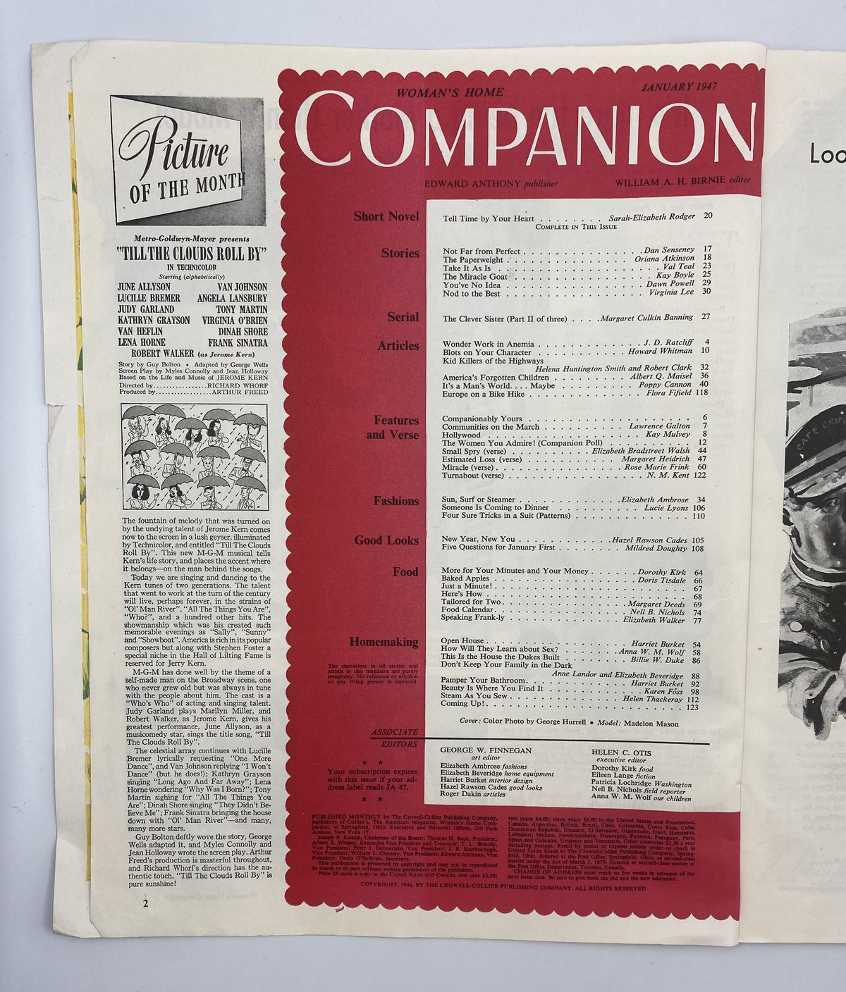 Interior page of Woman’s Home Companion Magazine, January 1947, featuring the Table of Contents including the short novel 'Tell Time by Your Heart' by Sarah-Elizabeth Rodger and various articles, showcasing mid-20th century magazine layout and design.