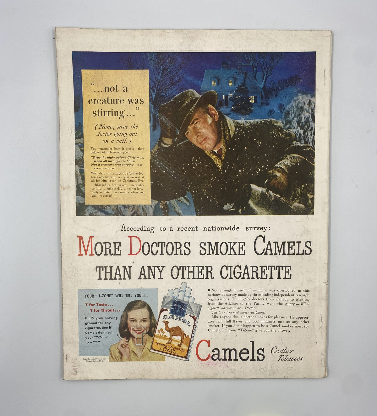 Back cover of Woman’s Home Companion Magazine, January 1947, advertising Camel cigarettes, featuring a color illustration of a man in a winter scene, highlighting the popularity of Camel cigarettes with a statistic about doctors choosing them.