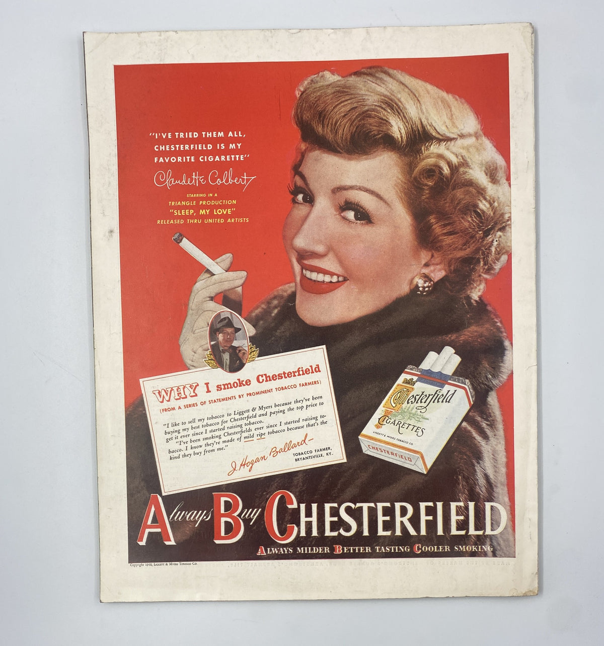 Vintage advertisement for Chesterfield cigarettes featuring a glamorous woman with stylish hair and makeup, promoting Chesterfield as her preferred cigarette brand. This image connects to the Woman’s Home Companion Magazine April 1948 Melissa by Taylor Caldwell cover, showcasing mid-20th-century advertising aesthetics.