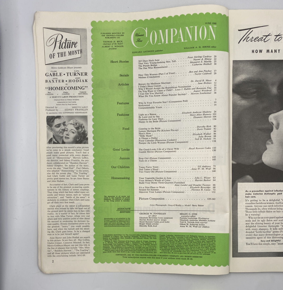Interior page of Woman’s Home Companion Magazine, June 1948, displaying the Table of Contents with sections on short stories, articles, and features.