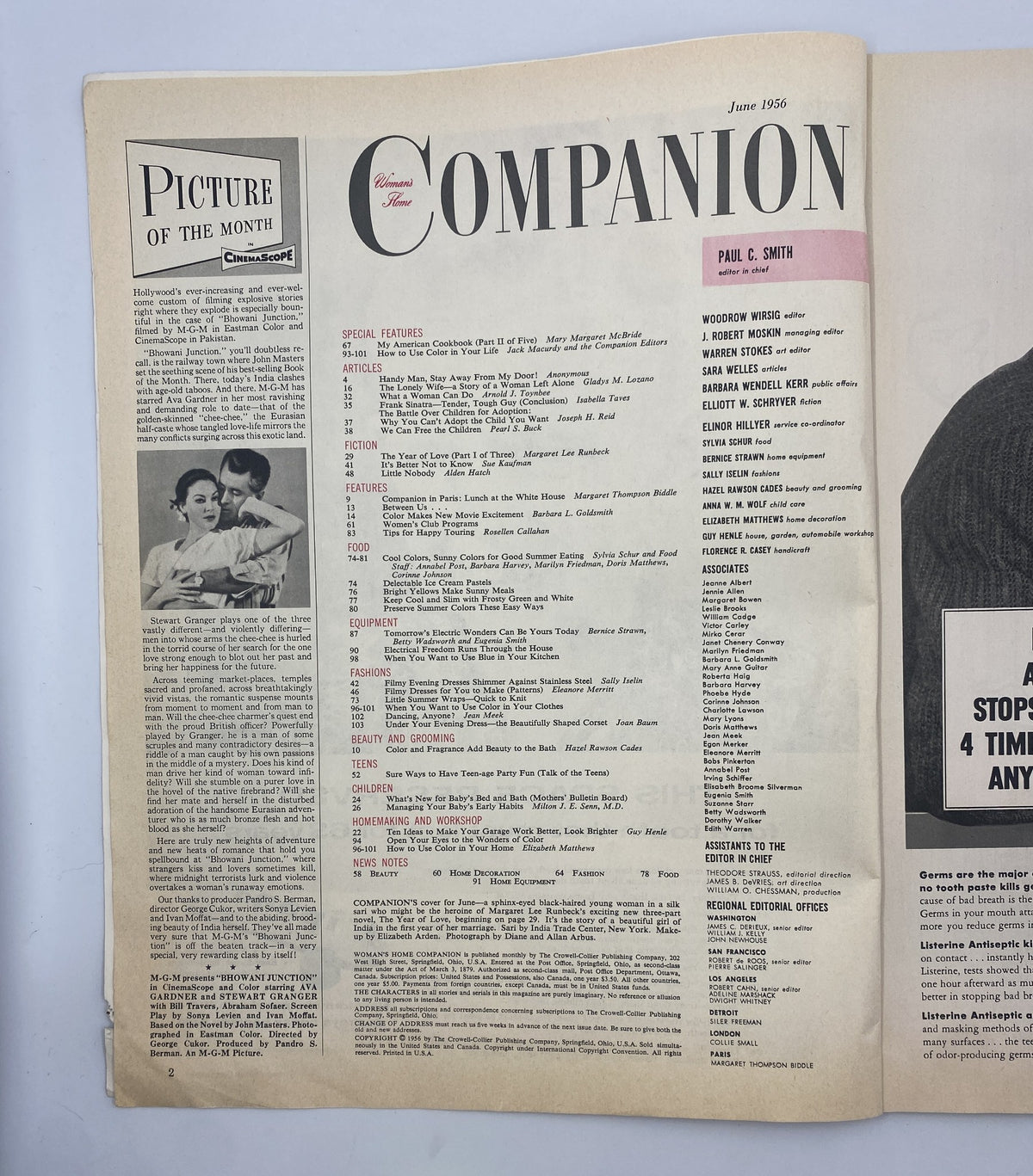 Inside page of Woman’s Home Companion Magazine, June 1956, displaying the Table of Contents including special features and articles, providing insights into the magazine's diverse topics.