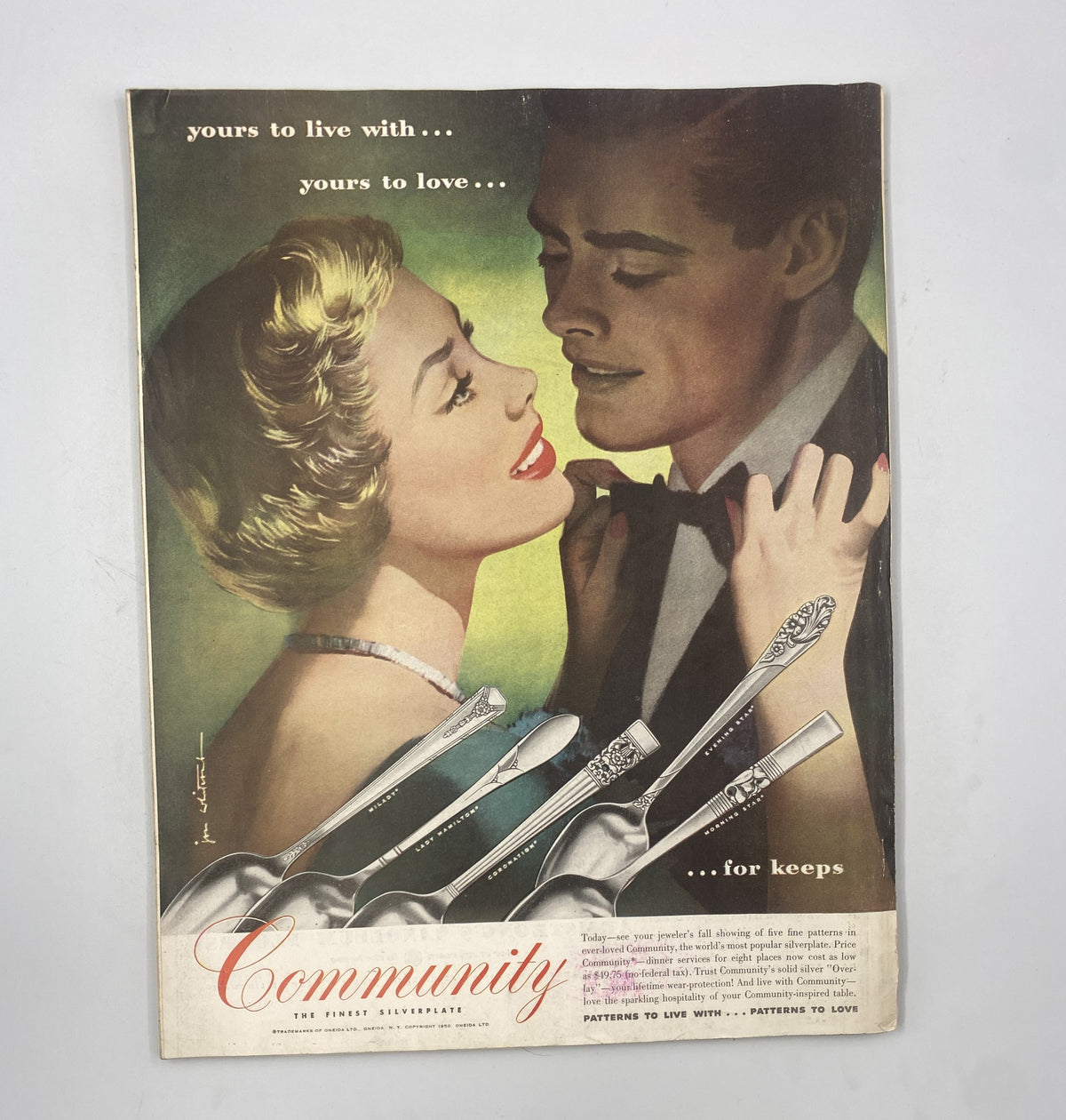 Back cover of Woman's Home Companion Magazine September 1950 featuring a romantic illustration of a couple, promoting the theme of love and community.