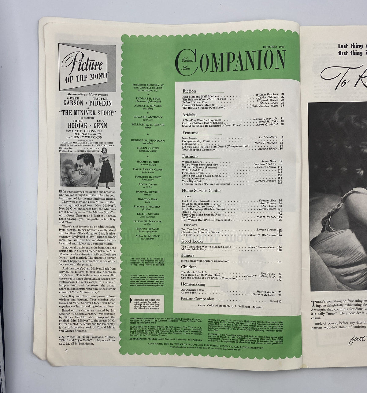 Inside spread of Woman’s Home Companion Magazine, October 1950, featuring the Table of Contents and listings for fiction, articles, and features. Includes titles like 'The Balance Wheel' by Taylor Caldwell.