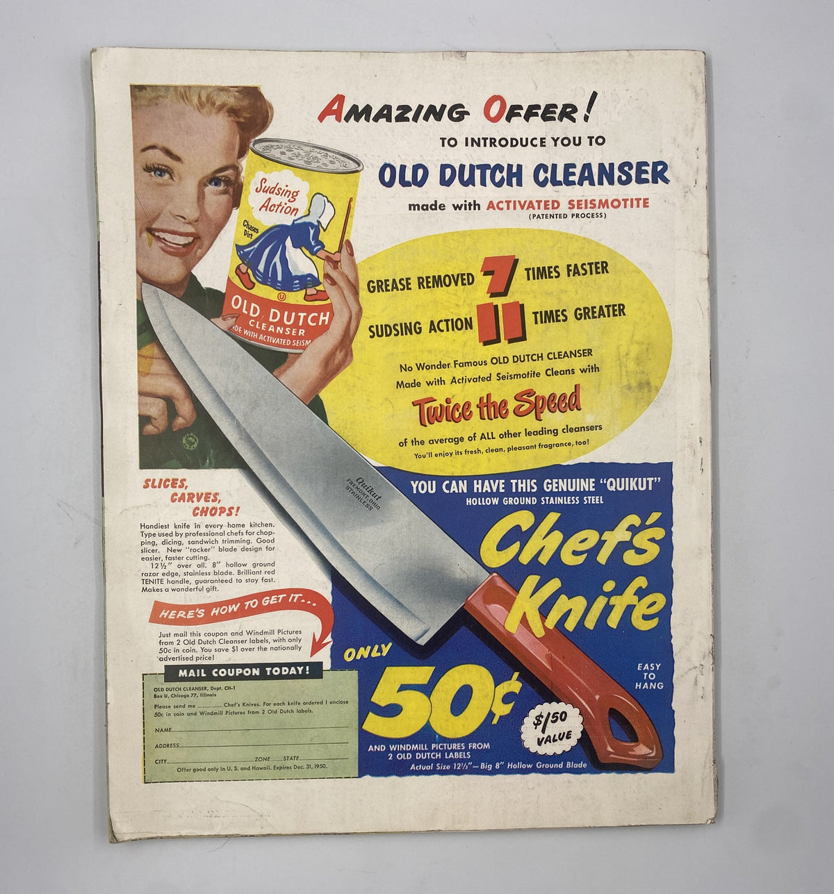 Advertisement page from Woman’s Home Companion Magazine, October 1950, promoting Old Dutch Cleanser with a large image of a chef’s knife, highlighting a special offer.