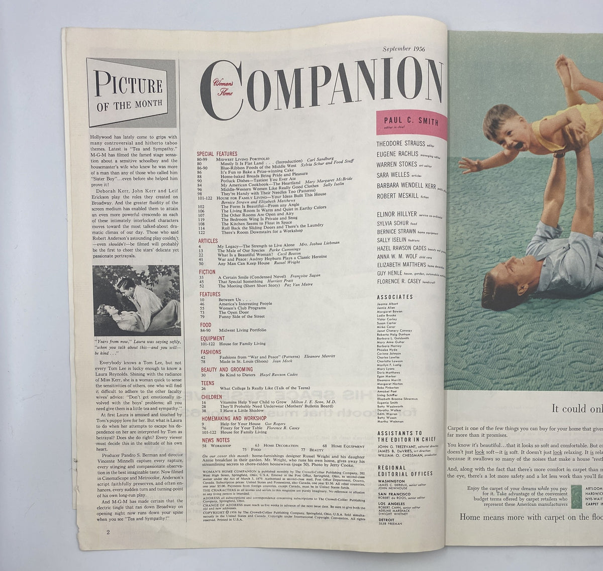 Interior page of Woman’s Home Companion Magazine September 1956 with a detailed table of contents, presenting a range of articles and features, including culinary topics and homemaking tips.