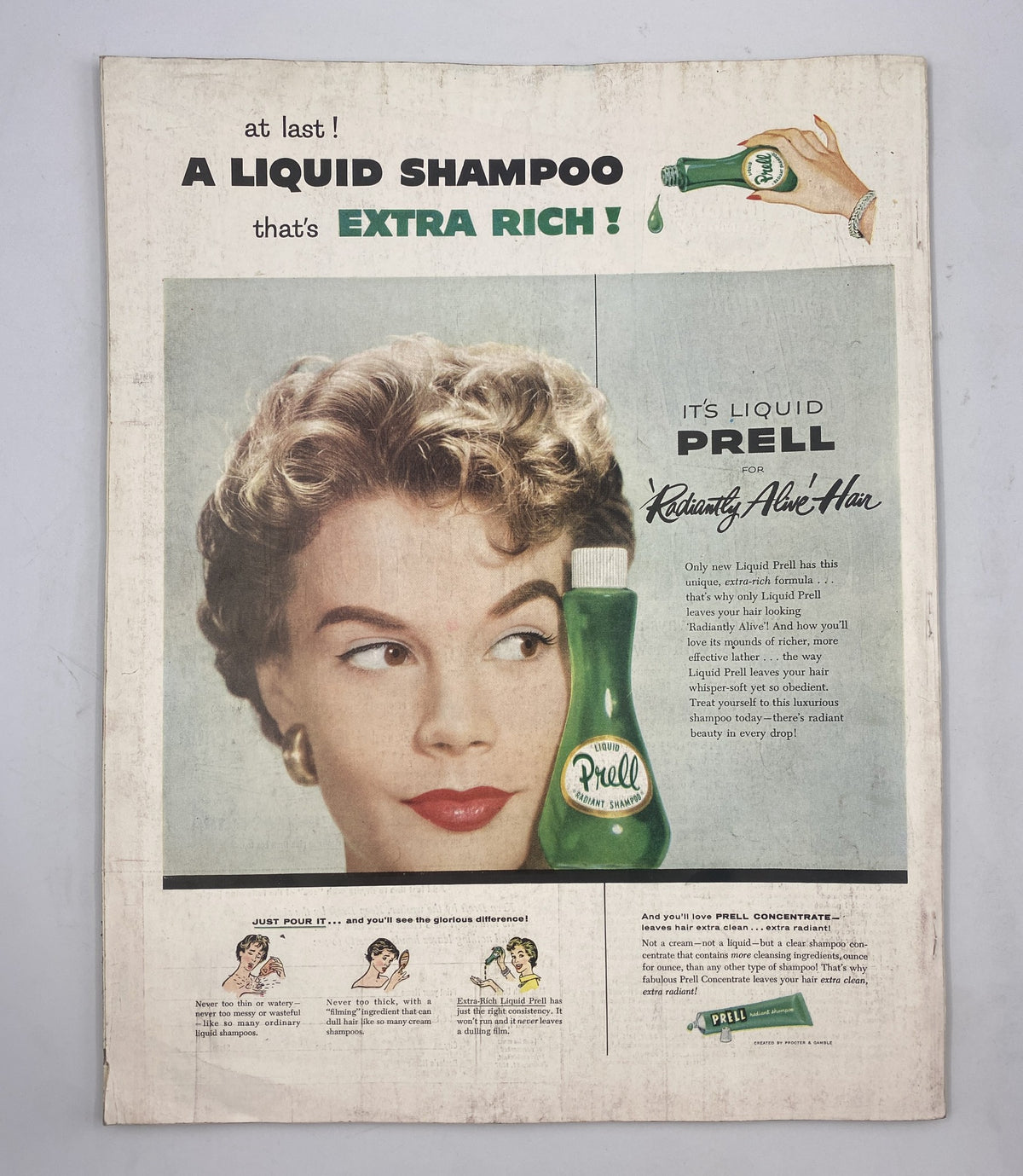 Advertisement for Prell Liquid Shampoo featured in the Woman’s Home Companion Magazine September 1956, showcasing the product's benefits for healthy hair with an attractive model demonstrating the product.